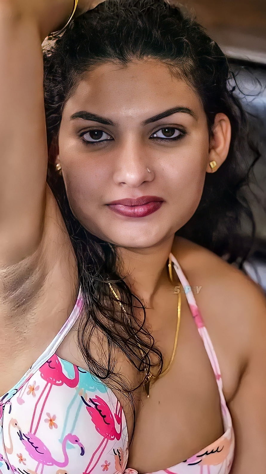 Reshmi Nair in a Pink Flamingo Bikini Top with Gold Jewelry HD phone wallpaper