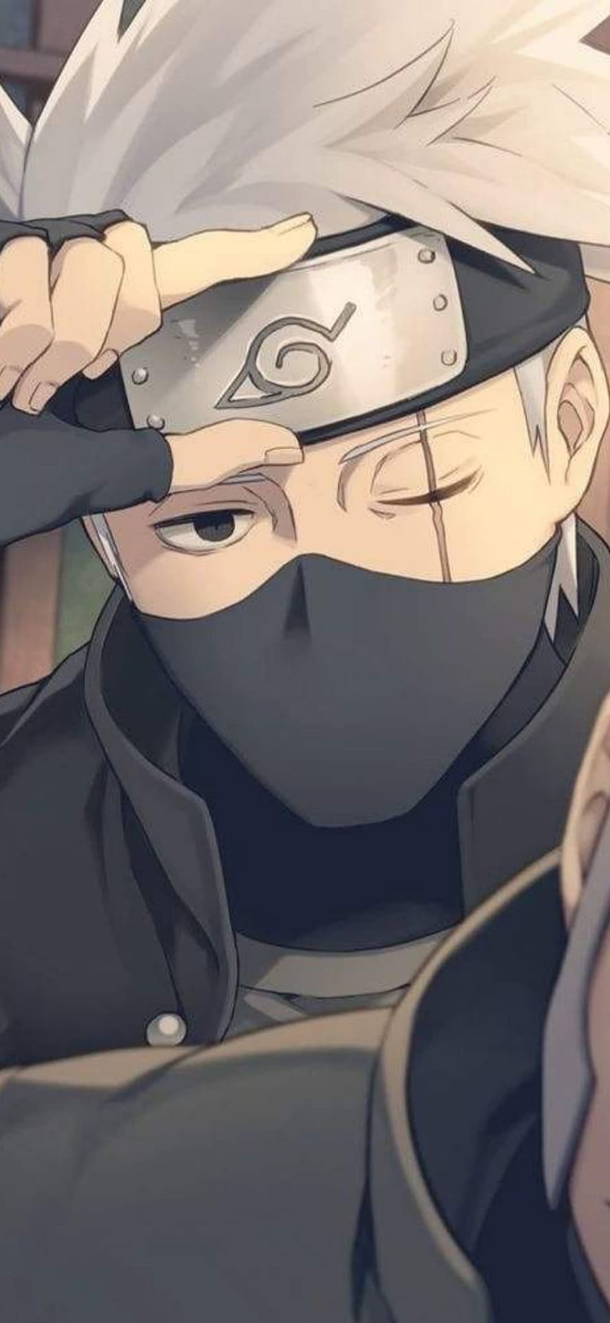 Kakashi Hatake Adjusting Headband in Close-Up Anime Portrait HD phone wallpaper