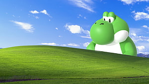 Giant Yoshi Peeking Over a Lush Green Hill Under a Bright Blue Sky HD wallpaper