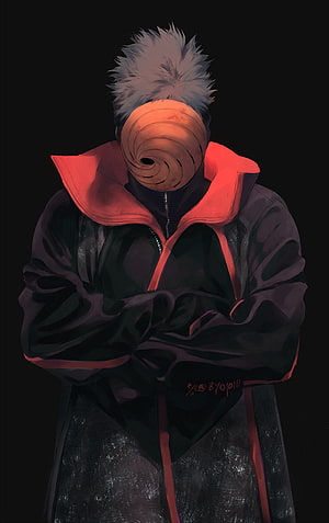 Obito Uchiha in Akatsuki Robe with Spiral Mask and Arms Crossed HD phone wallpaper
