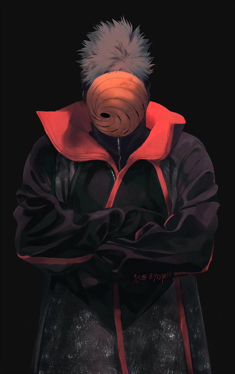 Obito Uchiha in Akatsuki Robe with Spiral Mask and Arms Crossed HD phone wallpaper