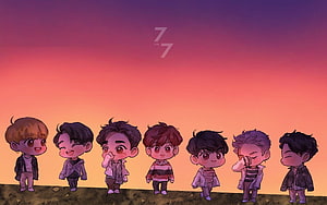 GOT7 Chibi Fanart Lineup Against Vibrant Sunset Sky HD wallpaper