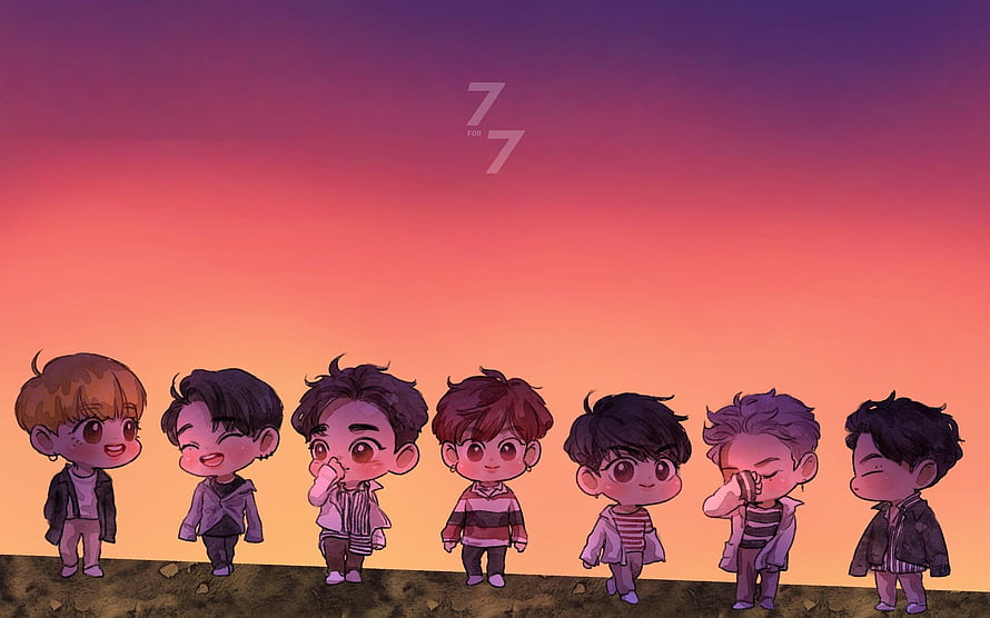 GOT7 Chibi Fanart Lineup Against Vibrant Sunset Sky HD wallpaper