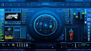 Iron Man JARVIS Cockpit HUD Interface with Stark Industries Schematic and Radar Display HD wallpaper