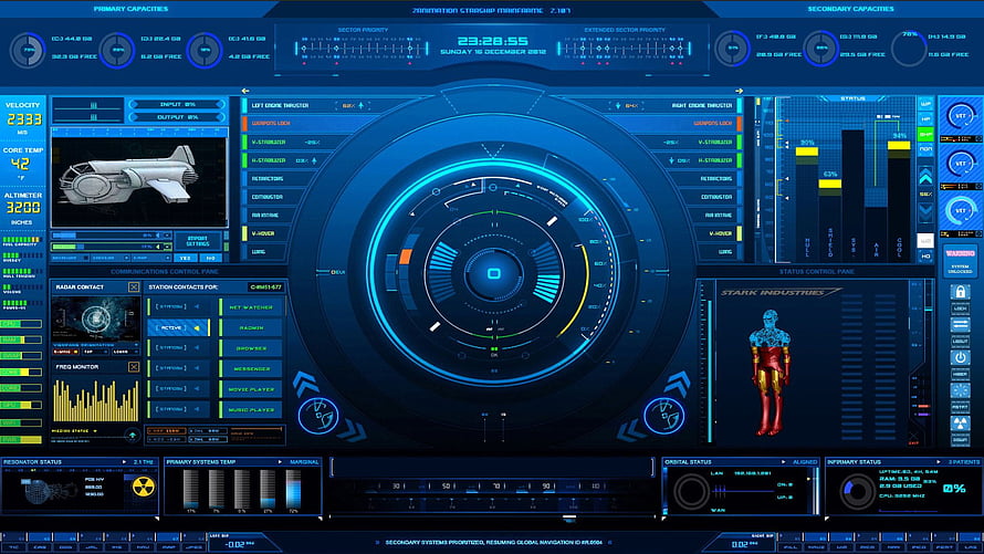 Iron Man JARVIS Cockpit HUD Interface with Stark Industries Schematic and Radar Display HD wallpaper
