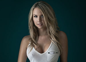 Blonde Woman in White Tank Top Against Dark Teal Background, Beautiful, Girl, Beauty, Woman, Model, Lovely, Female HD wallpaper