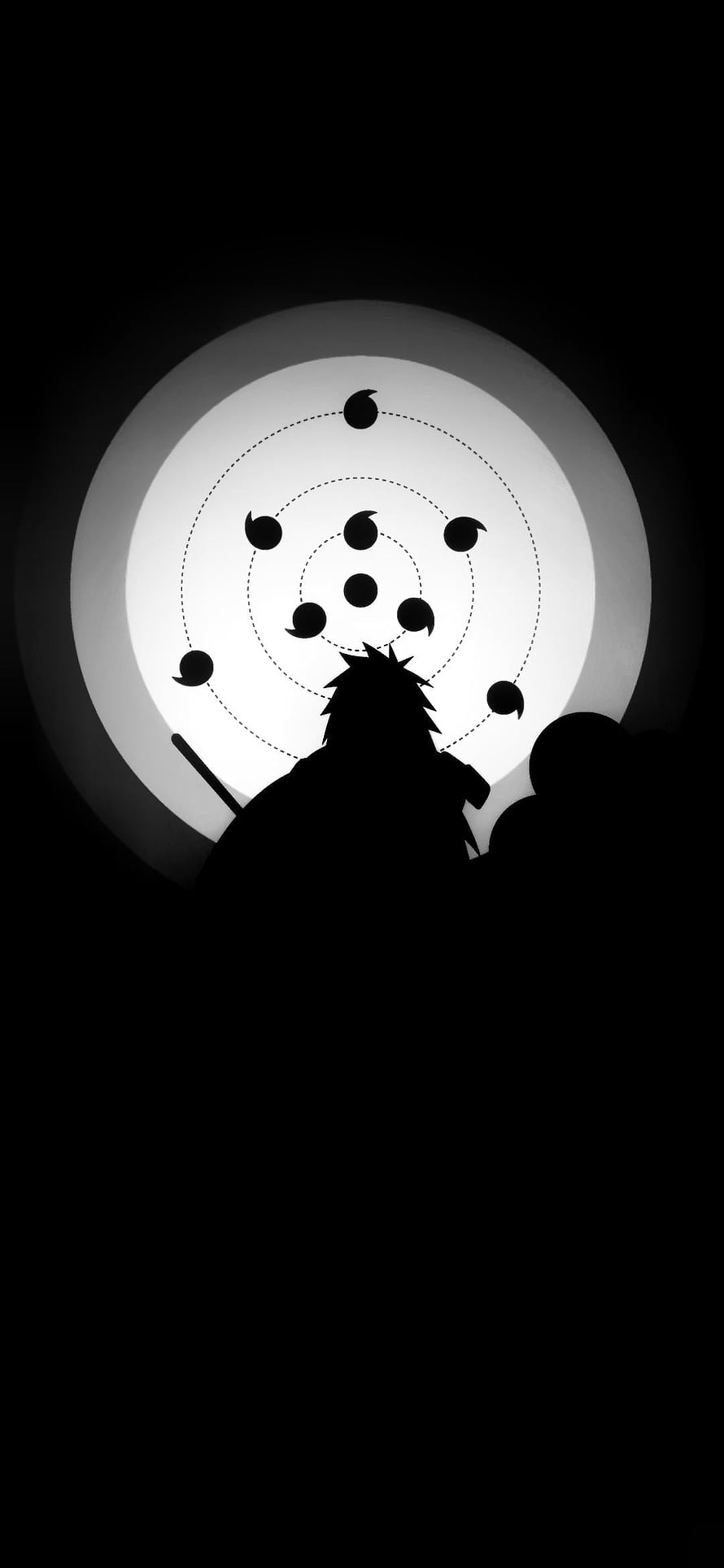 Madara Uchiha Silhouette Against Moon with Rinnegan Symbol in Black and White HD phone wallpaper