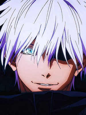 Satoru Gojo Close-Up Portrait with White Hair and Blue Eyes HD phone wallpaper