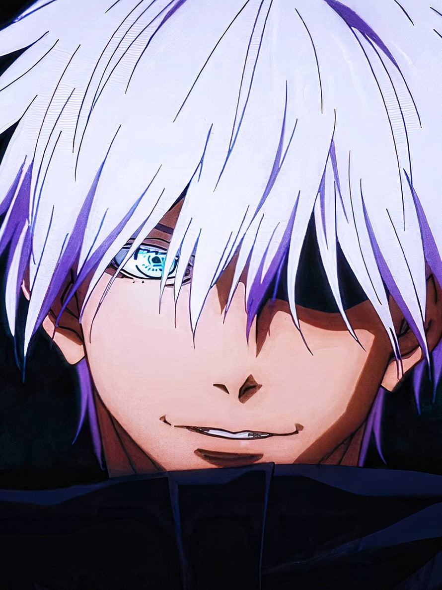Satoru Gojo Close-Up Portrait with White Hair and Blue Eyes HD phone wallpaper