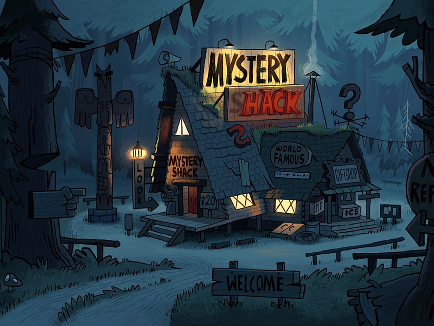 Mystery Shack at Night in Gravity Falls Forest with Glowing Windows and Welcome Sign HD wallpaper