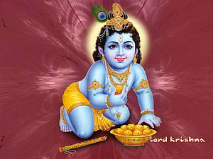 Baby Krishna with Butter and Flute on Maroon Background HD wallpaper