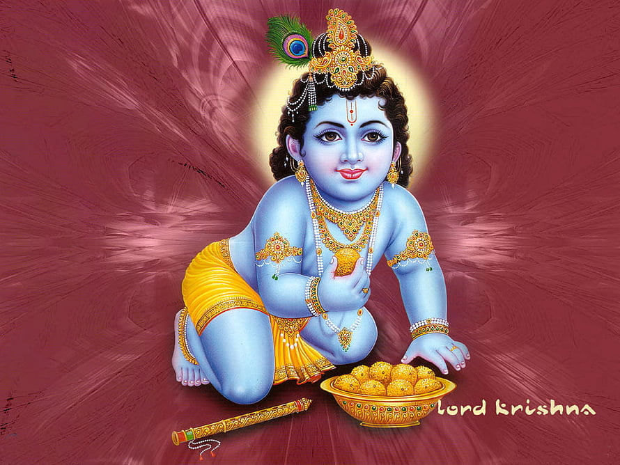 Baby Krishna with Butter and Flute on Maroon Background HD wallpaper