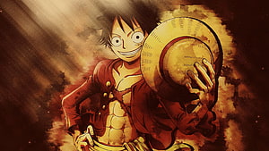 Monkey D. Luffy Holding Straw Hat in Dramatic Fiery Light HD wallpaper