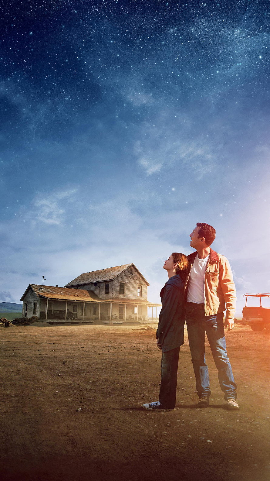 Interstellar Movie Poster with Couple Stargazing in Rural Landscape HD phone wallpaper
