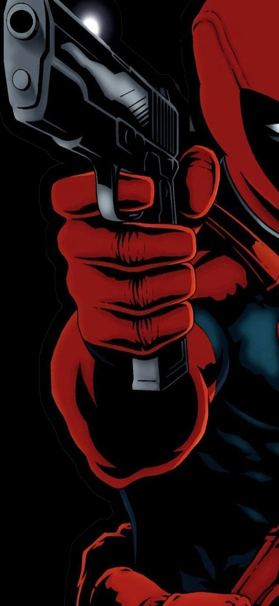 Deadpool Comic Art Close-Up of Red Gloved Hand Gripping Pistol Against Black Background HD phone wallpaper