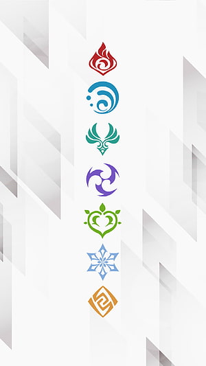 Genshin Impact Seven Elemental Symbols Vertical Collection on Minimalist White Background HD phone wallpaper
