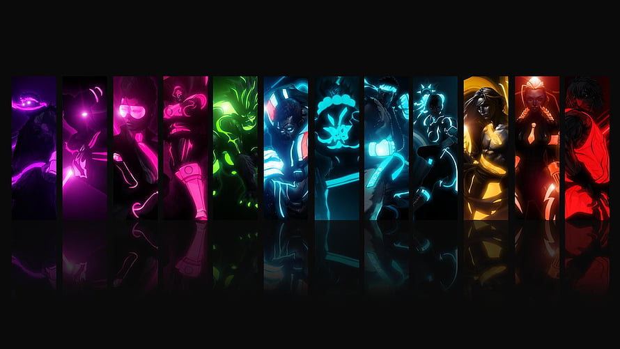 Neon Glowing Video Game Character Lineup on Black Background HD wallpaper