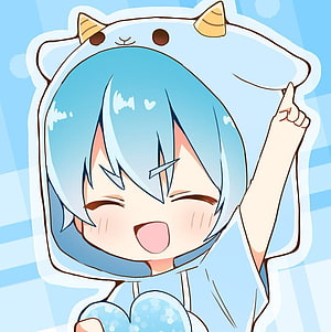 Cheerful Chibi Character in Cute Animal Hoodie with Light Blue Hair HD phone wallpaper