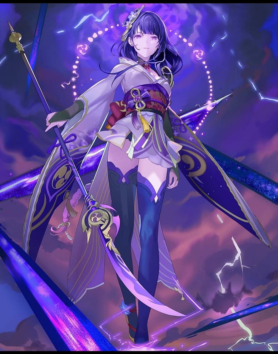 Raiden Shogun from Genshin Impact wielding her polearm amidst purple lightning and mystical energy HD phone wallpaper