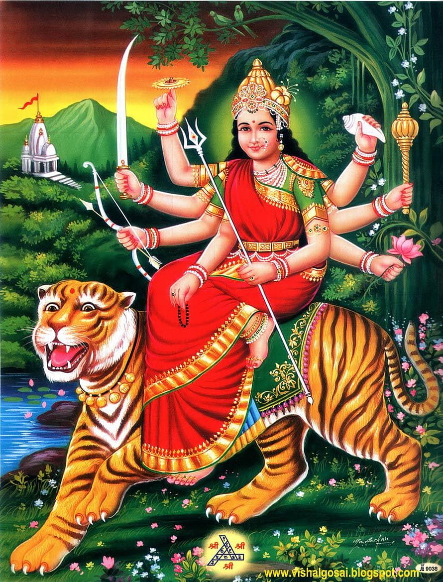 Goddess Durga Riding a Tiger in a Vibrant Forest Landscape HD phone wallpaper