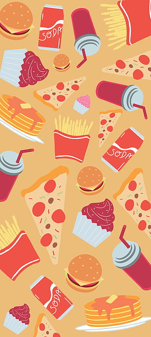 Colorful Fast Food Pattern with Pizza, Burgers, Fries, and Soda on Warm Background HD phone wallpaper