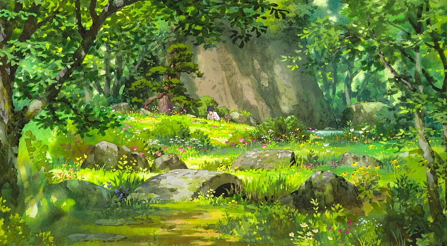 Studio Ghibli Watercolor Forest Scene with Meadow and Small Character HD wallpaper
