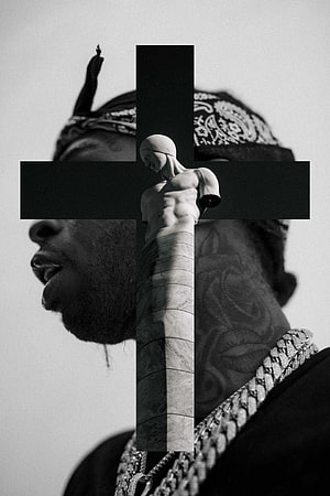 Pop Smoke Black and White Portrait with Cross and Statue Overlay HD phone wallpaper