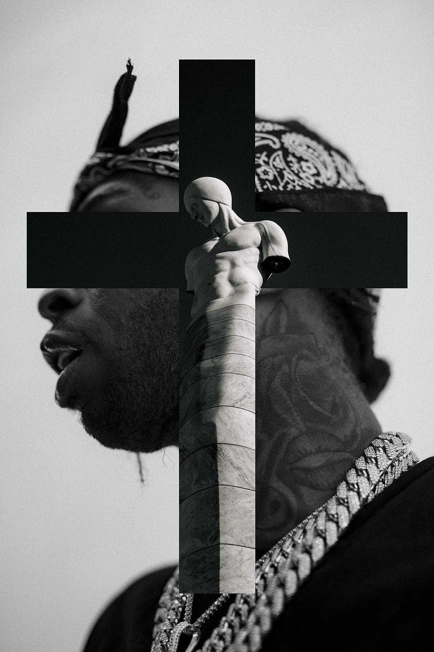 Pop Smoke Black and White Portrait with Cross and Statue Overlay HD phone wallpaper