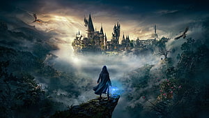 Hooded Wizard Gazing at Hogwarts Castle in Misty Fantasy Landscape HD wallpaper