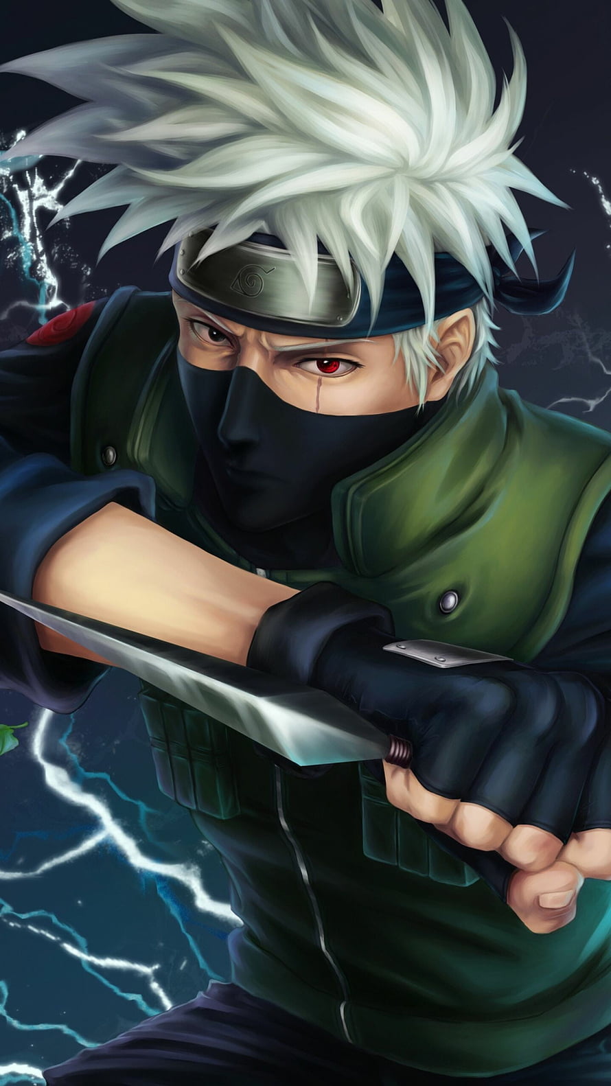 Kakashi Hatake in Sharingan Mode Wielding Kunai with Lightning Effects HD phone wallpaper