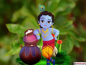 Little Krishna Carrying a Milk Pot in a Lush Green Forest HD wallpaper