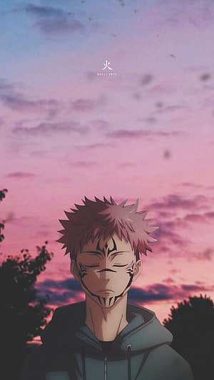 Yuji Itadori with Cursed Mark Against a Pink Sunset Sky in Jujutsu Kaisen Anime Style HD phone wallpaper