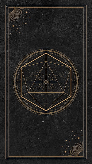 Dungeons and Dragons Deck of Many Things Card with Golden D20 Geometric Design on Black Background HD phone wallpaper