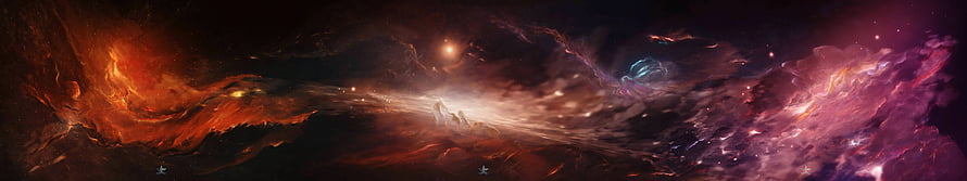 Vibrant Cosmic Nebula with Fiery Orange and Purple Gas Clouds in Deep Space HD wallpaper