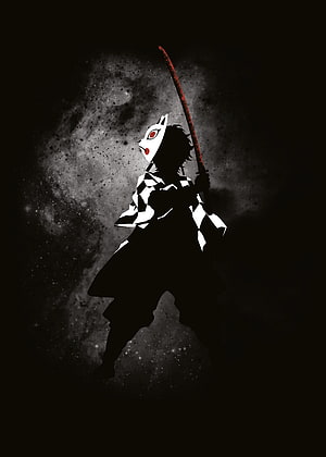 Demon Slayer Character in Checkered Haori Holding Katana Against Dark Nebula Background HD phone wallpaper