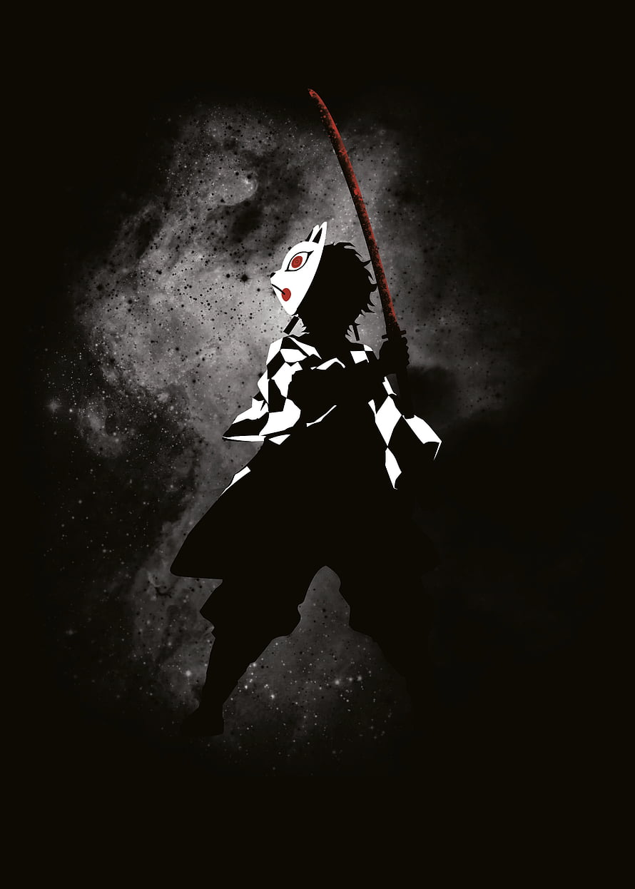 Demon Slayer Character in Checkered Haori Holding Katana Against Dark Nebula Background HD phone wallpaper