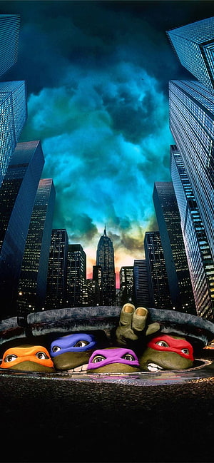 Teenage Mutant Ninja Turtles Peeking From Manhole Under Dramatic City Skyline HD phone wallpaper
