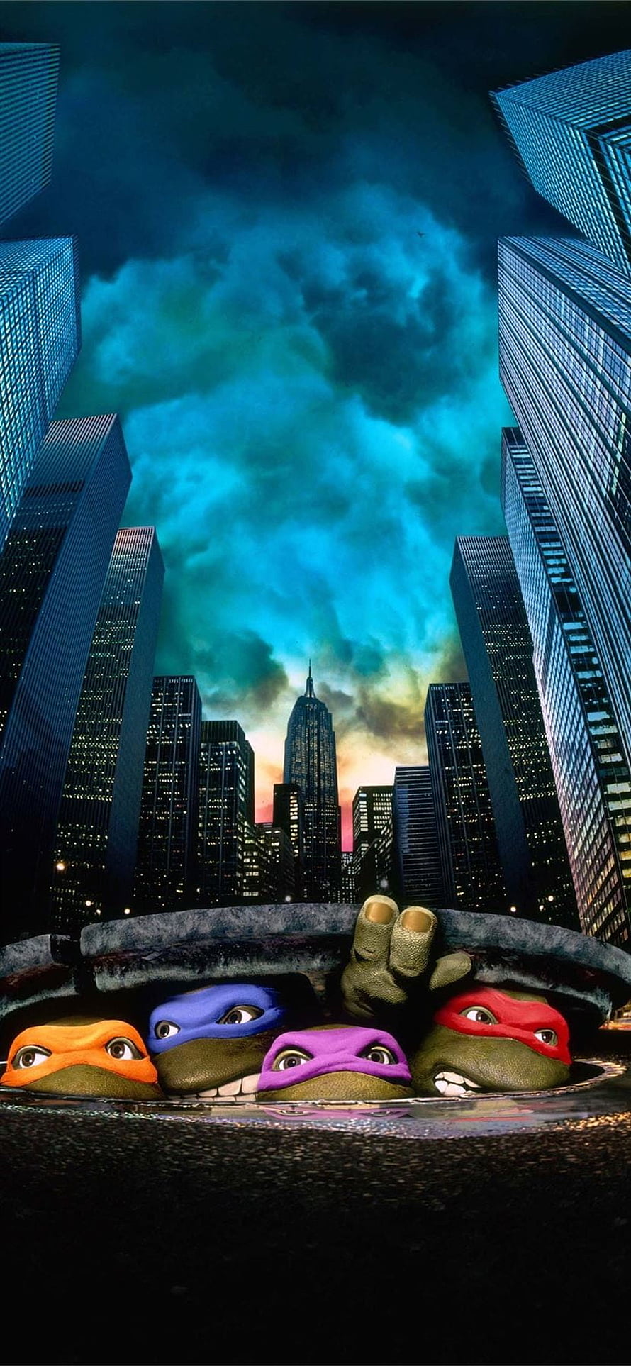 Teenage Mutant Ninja Turtles Peeking From Manhole Under Dramatic City Skyline HD phone wallpaper