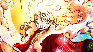 Monkey D. Luffy Gear 5 Sun God Nika Form with Fiery Aura and Maniacal Grin HD wallpaper