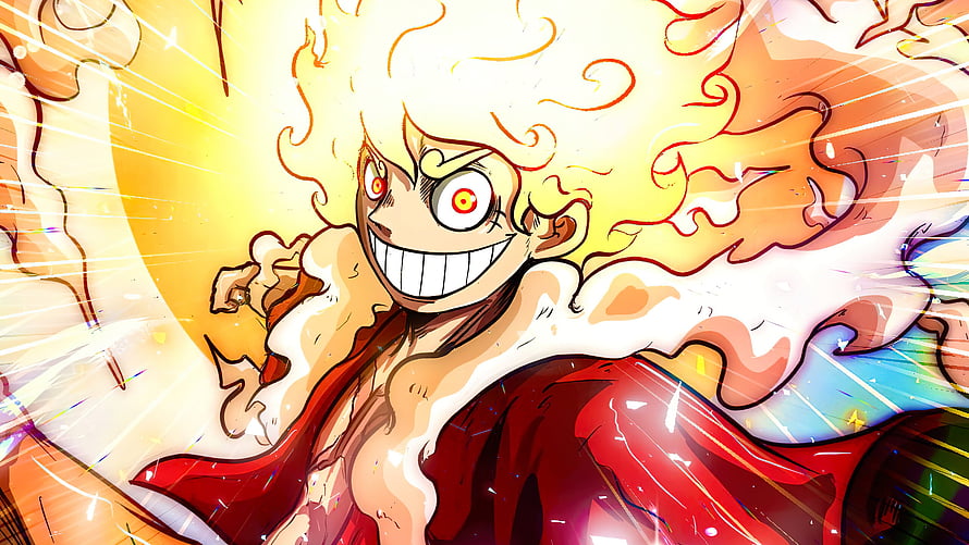 Monkey D. Luffy Gear 5 Sun God Nika Form with Fiery Aura and Maniacal Grin HD wallpaper