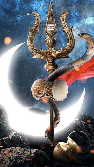 Lord Shiva Trishul with Snake, Damru, and Crescent Moon on Rocky Landscape HD phone wallpaper