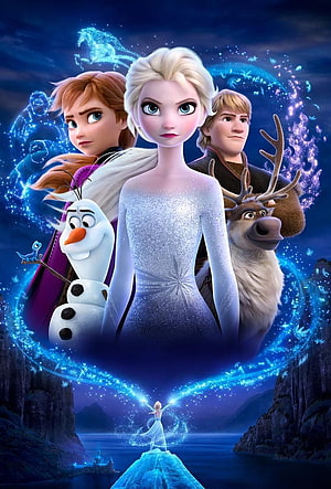Frozen 2 Movie Poster Featuring Elsa Anna Kristoff Olaf and Sven in Magical Blue Setting HD phone wallpaper