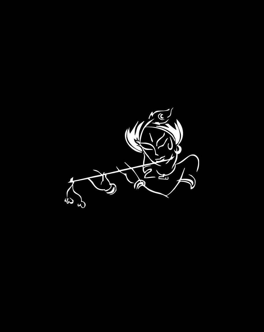 Minimalist Krishna Playing Flute Line Art on Black Background HD phone wallpaper