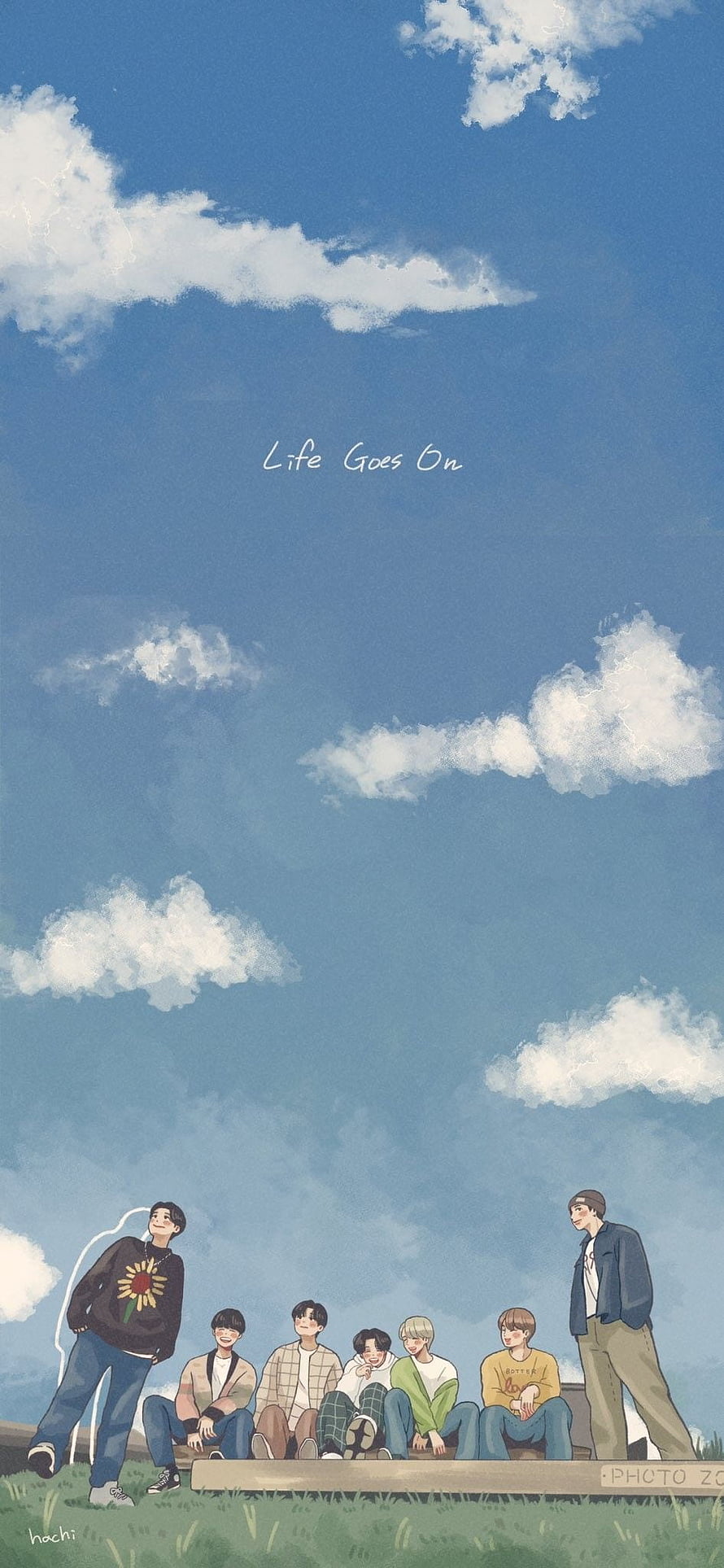 BTS Life Goes On Illustration: Seven Members Under a Cloudy Blue Sky HD phone wallpaper