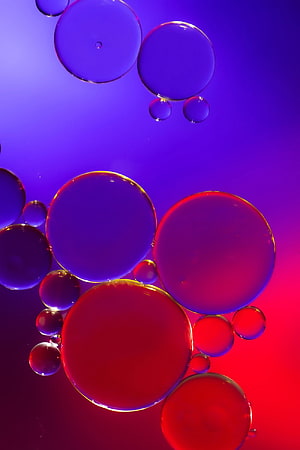 Vibrant macro photograph of translucent oil bubbles floating in a gradient of purple and red light HD phone wallpaper