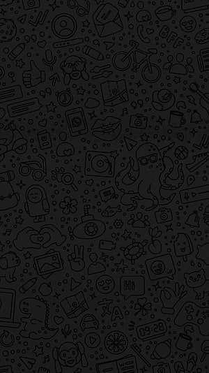 Dark doodle pattern wallpaper with cute icons, animals, and tech symbols on black background HD phone wallpaper