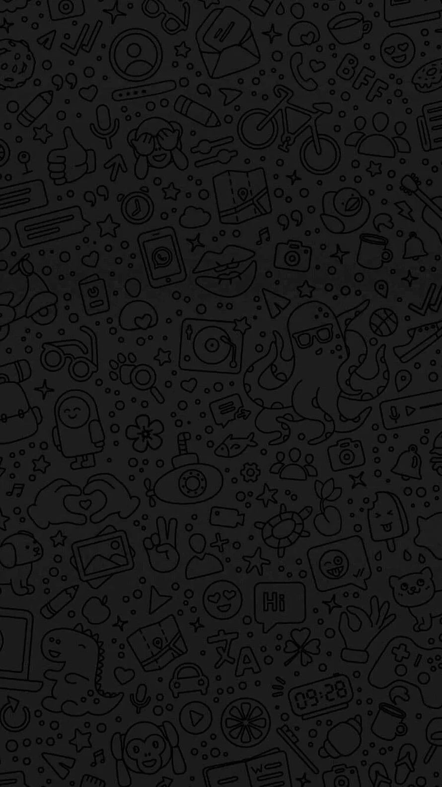 Dark doodle pattern wallpaper with cute icons, animals, and tech symbols on black background HD phone wallpaper