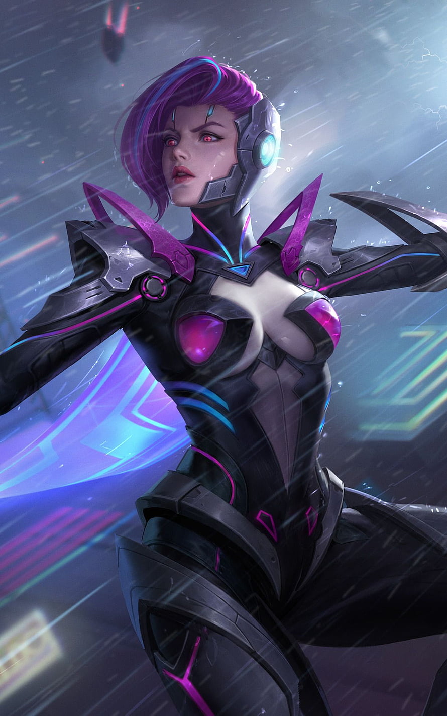Natalia from Mobile Legends in Futuristic Cyber Armor with Neon Purple and Blue Accents HD phone wallpaper