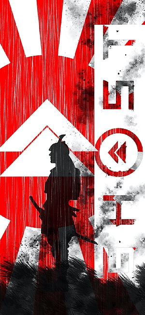 Ghost of Tsushima Silhouette Artwork with Red and White Grunge Design HD phone wallpaper