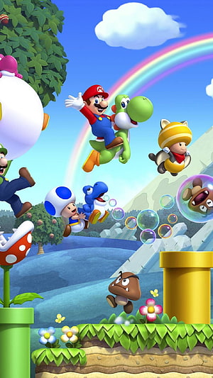 Super Mario Bros characters riding Yoshi and flying through a vibrant Mushroom Kingdom landscape with a rainbow HD phone wallpaper